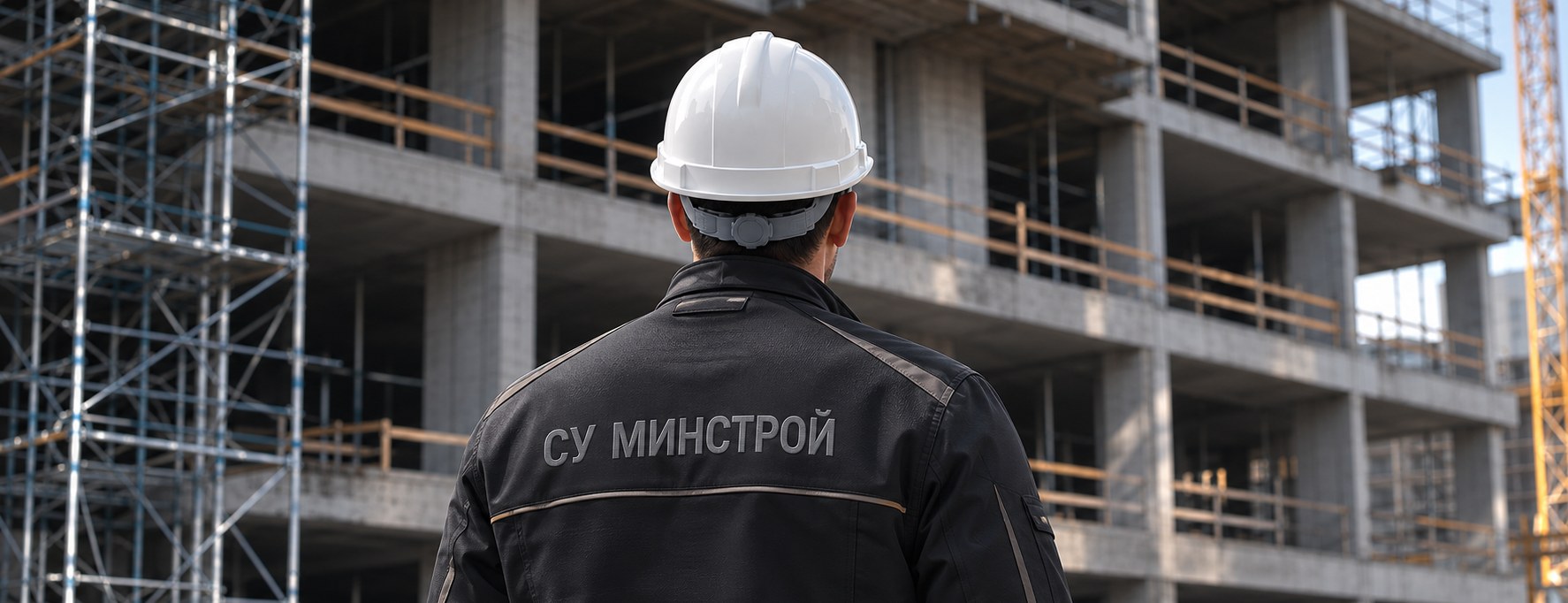 Сотрудник СУ МИНСТРОЙ в каске на площадке перед строящимся зданием